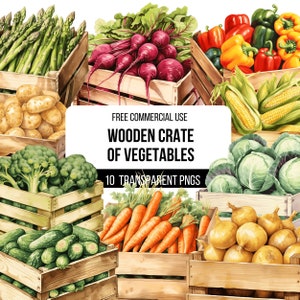 May include: A collection of 10 wooden crates filled with various vegetables, including asparagus, beetroot, bell peppers, broccoli, carrots, sweetcorn, cucumbers, onions, potatoes, and cabbage.  FREE COMMERCIAL USE WOODEN CRATE OF VEGETABLES 10 TRANSPARENT PNGS