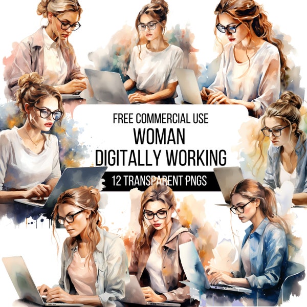 Watercolor Woman Working On a Laptop Clipart - 12 High Quality Transparent PNGs | Illustration | Digital Download | Designs For T-shirts