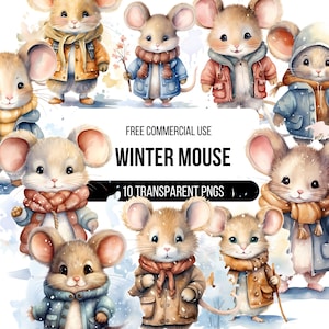 Watercolor Winter Mouse Clipart - 10 High Quality Transparent PNGs | Snowy Animal Illustration | Designs, Digital Download