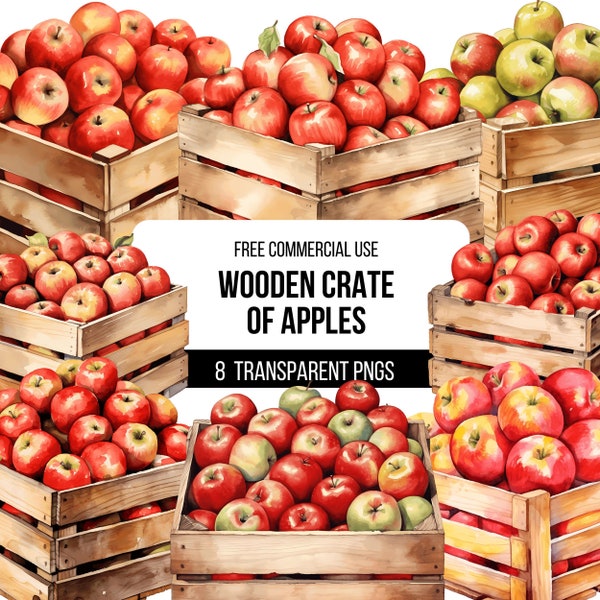 Wooden Crate of Fresh Apples Clipart - 8 High Quality Transparent PNGs | Vegan Illustration | Designs | Digital Download