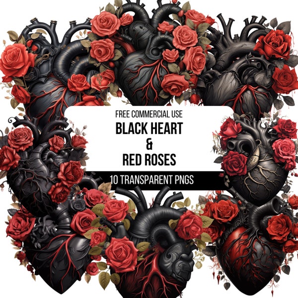 Anatomical Black Heart & Red Roses Clipart - 10 High Quality Transparent PNGs | Dark Love Illustration | Goth Designs | Digital Download