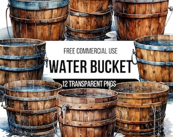 Watercolor Vintage Water Bucket Clipart - 12 High Quality Transparent PNGs | Illustration | Digital Download |Designs For T-shirts, Stickers