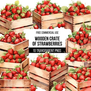 May include: Ten watercolor illustrations of wooden crates filled with ripe red strawberries. The crates are made of natural wood with a rustic finish. The strawberries are arranged in a random pattern, with some spilling out of the crates. The illustrations are perfect for use in digital or printed projects.