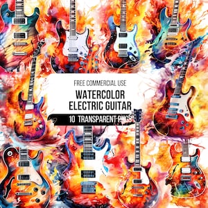 Flaming Electric Guitar Watercolor Clipart - 10 High Quality Transparent PNGs | Music Illustration | Digital Download |Designs for T-shirts