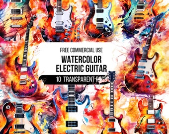 May include: Ten watercolor electric guitars in various colors and styles, including red, blue, yellow, and green. The guitars are painted with a vibrant, abstract style and are set against a white background. The text "FREE COMMERCIAL USE WATERCOLOR ELECTRIC GUITAR 10 TRANSPARENT PNGS" is displayed in the center of the image.