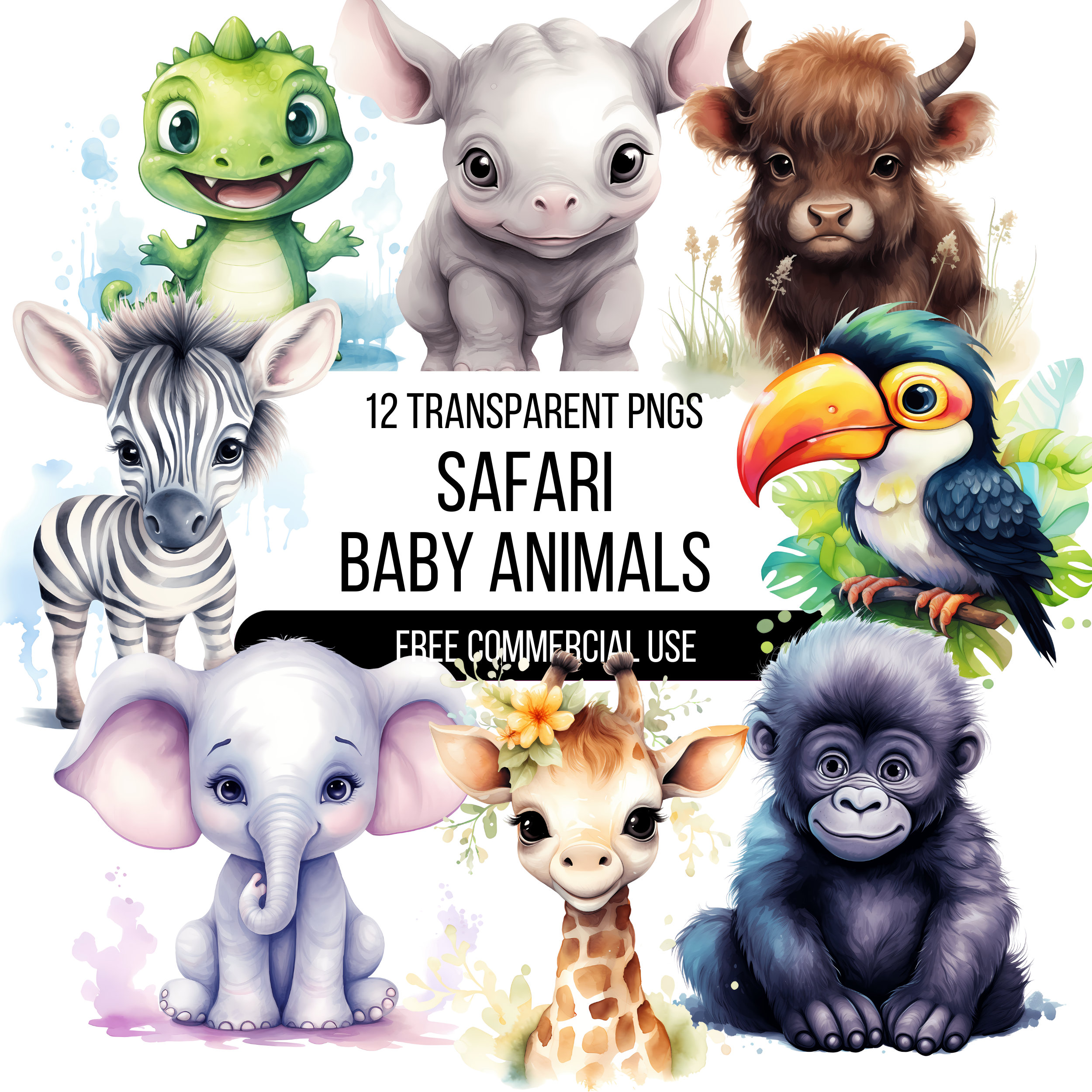 Watercolor Baby Safari Animals Clipart - 12 High Quality Transparent ...