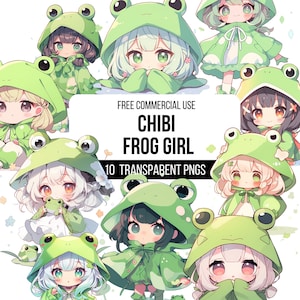 Chibi Frog Girl Clipart - 10 High Quality Transparent PNGs | Kawaii Anime Illustration | Hand Drawing Designs | Digital Download