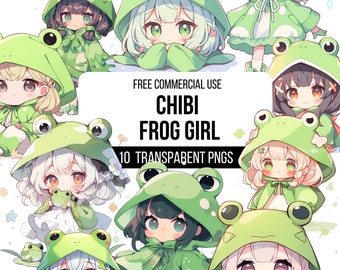 Chibi Frog Girl Clipart - 10 High Quality Transparent PNGs | Kawaii Anime Illustration | Hand Drawing Designs | Digital Download