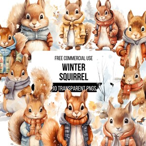 Può includere: Dieci illustrazioni ad acquerello di scoiattoli che indossano abiti invernali. Gli scoiattoli indossano sciarpe, cappelli e giacche. Lo sfondo è una scena di foresta innevata con neve che cade. Il testo "FREE COMMERCIAL USE WINTER SQUIRREL 10 TRANSPARENT PNGS" è al centro dell'immagine.