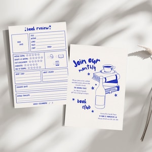 May include: Two white cards with blue text. One is a book review form, the other is an invitation to a book club. The book club invitation features a stack of books, a coffee cup, and a bottle.