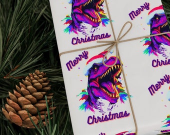 Papel de regalo navideño de dinosaurio / Velociraptor / Brillante o mate / Papel de regalo de Feliz Navidad / Regalo para él / Dinosaurio / Regalo para papá /