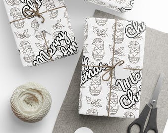 Página para colorear con nombre personalizado de Papá Elfo. Papel de regalo / Blanco y negro / Navidad / Papel brillante o mate / Personalizado / Papel de regalo navideño.