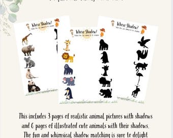 Puede incluir: Juego de Animal Shadow Matching con imágenes realistas de animales y sombras. El juego incluye 3 páginas de imágenes realistas de animales con sombras y 6 páginas de animales lindos ilustrados con sus sombras. El divertido y caprichoso juego de sombras deleitará.