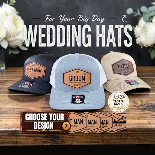 Custom Groomsmen Hats, Personalized Wedding Party Hats, Groom Hat, Best Man Hat, Groomsmen Gifts, Custom Leatherette Patch Trucker Hat