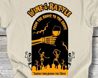 Maglietta a maniche corte in jersey unisex con scheletro di Halloween per amanti del vino, maglietta con scheletro danzante divertente e bicchiere di vino, regalo autunnale perfetto per gli amanti del vino