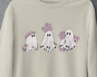 Söt Halloween-tröja med spöken och blommor, höststämningar med retro Halloween-spöktröja