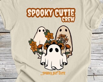 Linda camiseta de manga corta fantasma de Halloween, camiseta de vibraciones espeluznantes con fantasmas y flores, camisa de Halloween espeluznante pero linda para mujeres