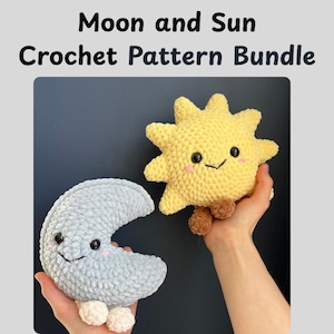 May include: A crochet pattern bundle featuring a smiling yellow sun and a smiling light blue moon. The sun has brown feet and the moon has white feet. The text "Moon and Sun Crochet Pattern Bundle" is at the top of the image.