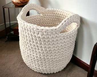 Large Cotton Crochet Basket With Cord or Leather Handles for Storing and Organizing