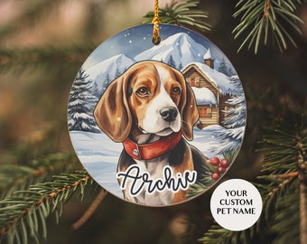 Ornamento di Natale Beagle, Ornamento personalizzato per il nome del cane, Nome personalizzato dell'animale domestico, Idea regalo mamma papà Beagle, Ornamento natalizio in ceramica, Amante dei cani