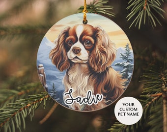 Ornamento per cani Cavalier King Charles Spaniel, nome cane personalizzato Natale, nome animale domestico personalizzato, idea regalo mamma cane, ornamento natalizio in ceramica