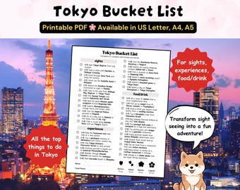 Liste de seaux de Tokyo | Liste de contrôle de voyage imprimable | Planificateur de voyage au Japon | Itinéraire de voyage