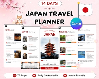Agenda 2026, 14 jours au Japon | Modèle de toile modifiable | Itinéraire au Japon | Téléchargement numérique