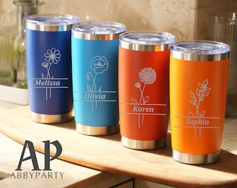 Personalized Birth Flower Tumbler with Name, Laser Engraved Tumbler, Stainless Steel Mug, Beach Travel Mug, Tumbler with straw