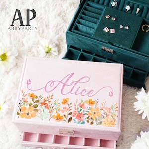 Benutzerdefinierte Samt Schmuckschatulle, große Schmuckaufbewahrungsbox, Box mit Schublade, Floral Organizer Box, Weihnachtsgeschenk, Geschenk für sie, Halskette Aufbewahrung