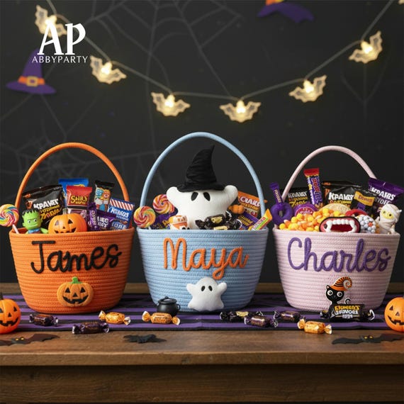 カスタムキッズハロウィンバスケット、パンプキンネームバスケット