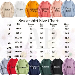 May include: Sweatshirt size chart with measurements in centimeters for sizes S to 4XL. The chart shows length, bust, shoulder, and sleeve measurements. The colors of the sweatshirts are beige, white, pumpkin orange, salmon pink, light pink, dusty blue, grey, red, avocado, midnight blue, green, black, and lilac.
