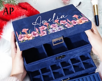 Personalized Jewelry Box, Large Jewelry Organizer, Custom Jewelry Storage, Velvet Jewelry Box, Women’s Organizer Box, Gift for Her-DE