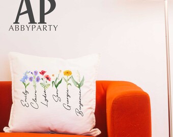 Personalized Birthflower Pillow, Customized pillow with birthflower, Mothers Day Gift, Grandma Pillow, Grandkids Name Pillow, Gift For Mom