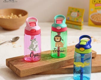 Garrafa de água infantil personalizada, copos para a volta às aulas, garrafa de animal para crianças pequenas, presente de aniversário infantil, garrafa com nome, garrafa de água para pré-escola