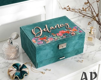 Personalized 3D Name Organizer Box, Womens Jewelry Storage Box, Large Velvet Box with Drawer, Girls Birthday Jewelry Box, Gift for Her-DE