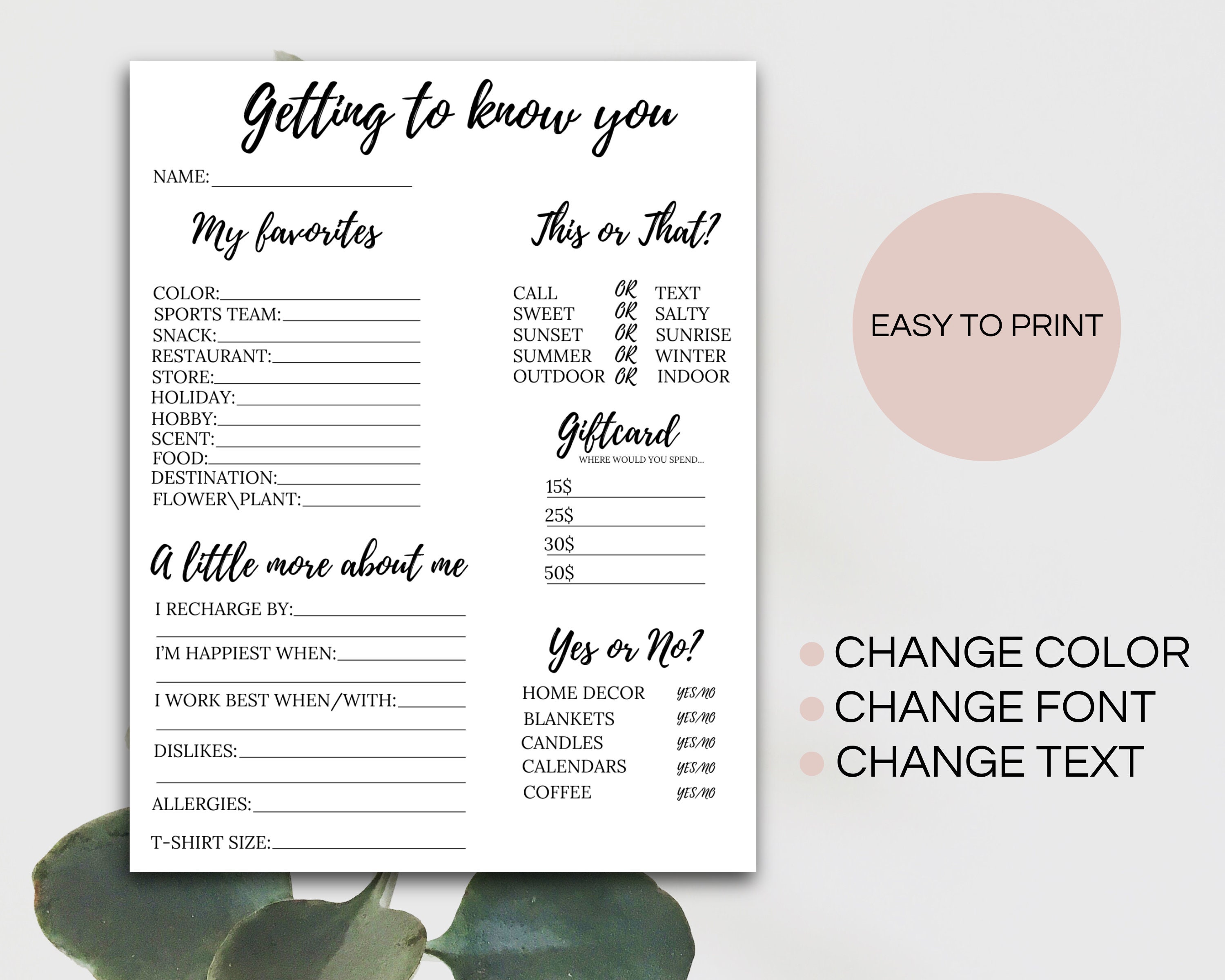 Getting to Know You Printable Employee Favorite Things - Etsy