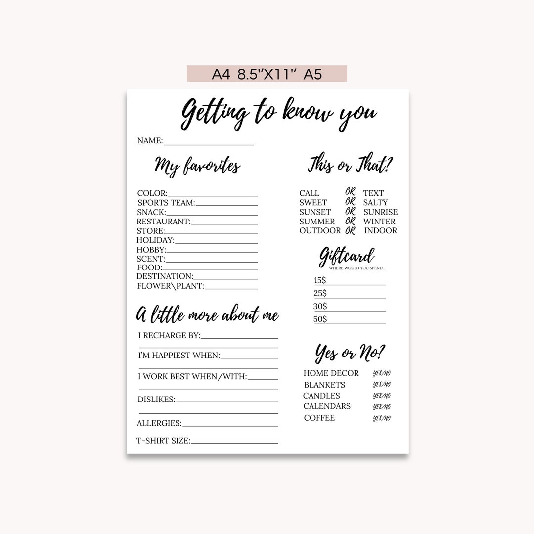 Getting to Know You Printable, Employee Favorite Things Survey ...