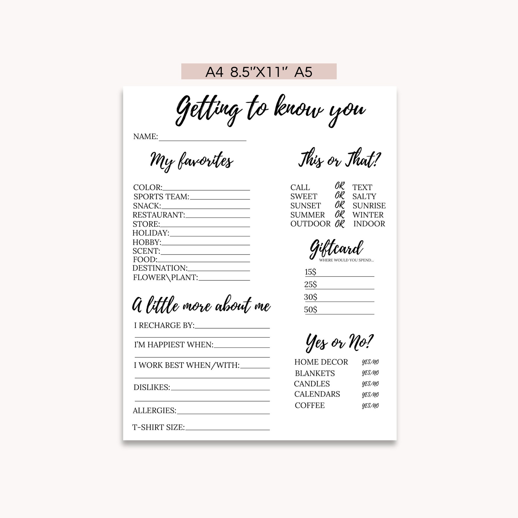 Getting to Know Staff Printable, Coworker Questionnaire, Employee ...