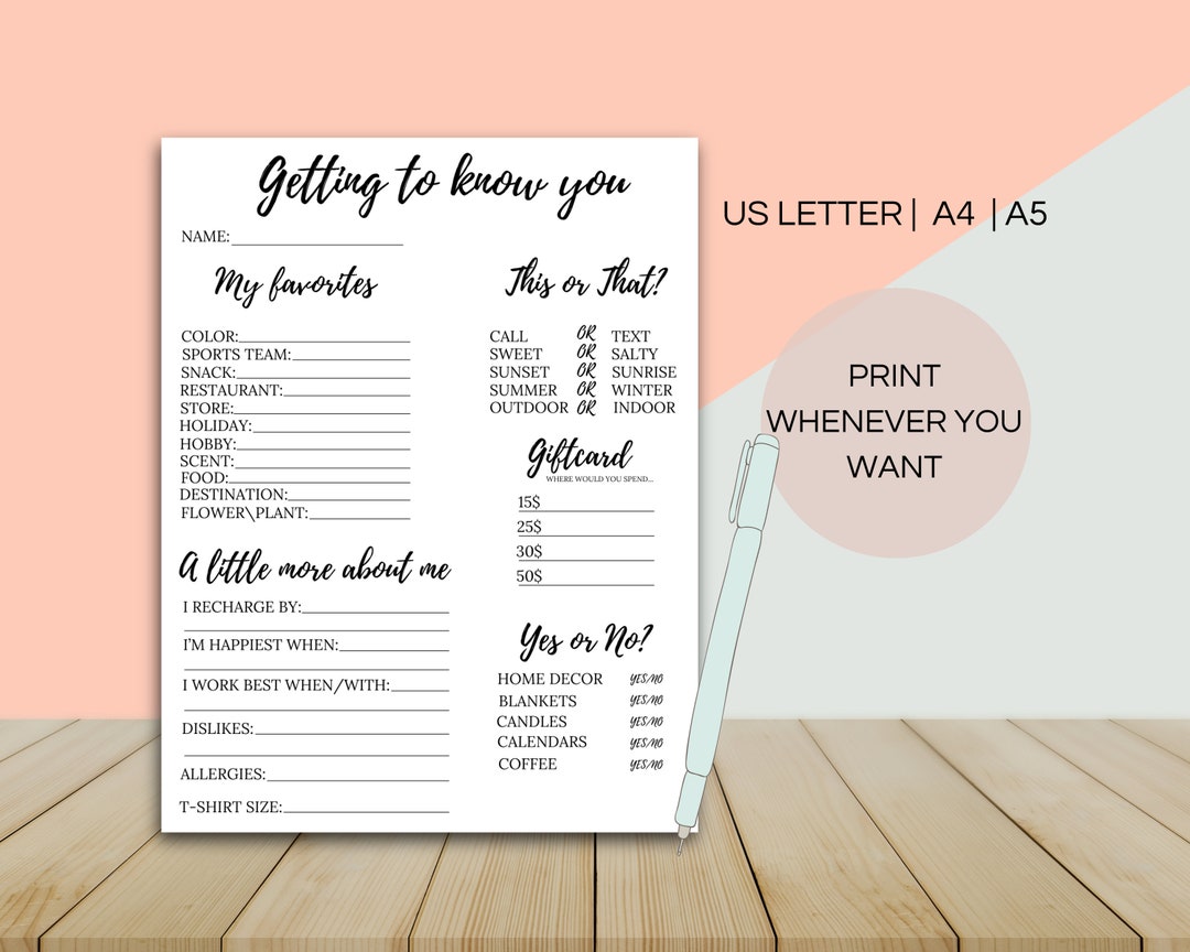 Getting to Know You Printable Employee Favorite Things - Etsy