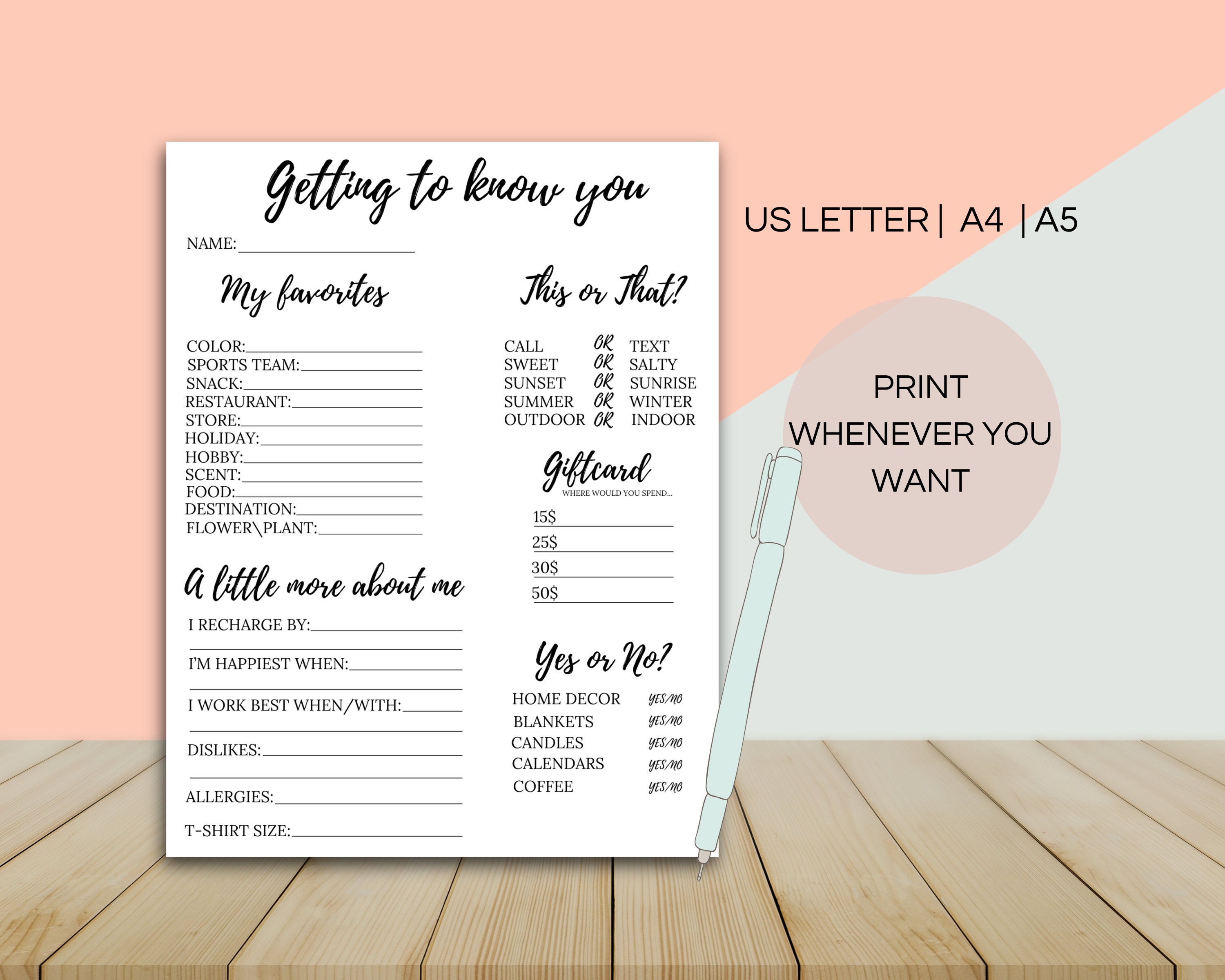 Getting to Know You Printable Employee Favorite Things - Etsy