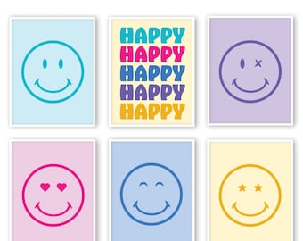 Preppy Smiley Gesichter Wand Kunst Set von 6 - Digitaler Download Druck, Preppy Wandkunst, Trendige Kunst, Preppy Room Decor, Wandkunst, Preppy Prints