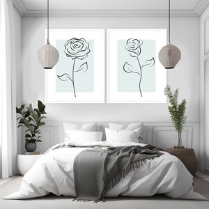 Flower Line Art Set of 2 Prints, Digital Download Print, Floral Prints, Rose Line Drawing, Flower Wall Art, Minimalist Decor, Rose Wall Art