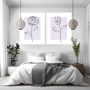 Flower Line Art Set of 2 Prints, Digital Download Print, Floral Prints, Rose Line Drawing, Flower Wall Art, Minimalist Decor, Rose Wall Art