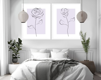 Flower Line Art Set of 2 Prints, Digital Download Print, Floral Prints, Rose Line Drawing, Flower Wall Art, Minimalist Decor, Rose Wall Art