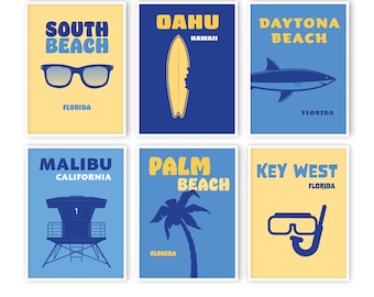 May include: Six colourful illustrations of popular beach destinations. Each illustration features a different beach location name, state, and icon. The icons include a pair of sunglasses, a surfboard, a shark, a lifeguard stand, a palm tree, and a snorkel and mask.