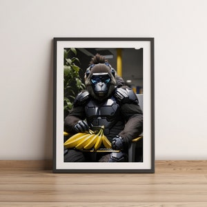 Cyber gorilla with bananas listens to music