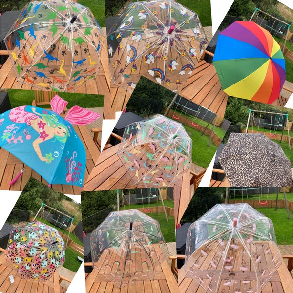 Ladies Kids Children girls boys WIND RESISTANCE UMBRELLA Dome Umbrella Crook Handle Rainbow Leopard dinosaur unicorn ballerina mermaid