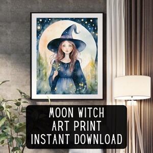 Moon Witch Digital Art Print - Mystical Watercolor Wall Decor for Witchy Aesthetic, Boho, Celestial, Fantasy Lover Gothic Artwork