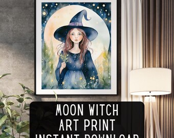 Watercolor Moon Witch Print – Mystical Gothic Home Decor (Digital Download)