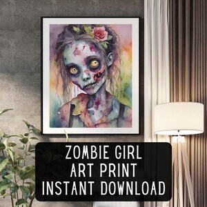 Zombie Girl Watercolor Digital Art - Hauntingly Beautiful Gothic Halloween Decor, Horror-Themed Printable Artwork for Instant Download